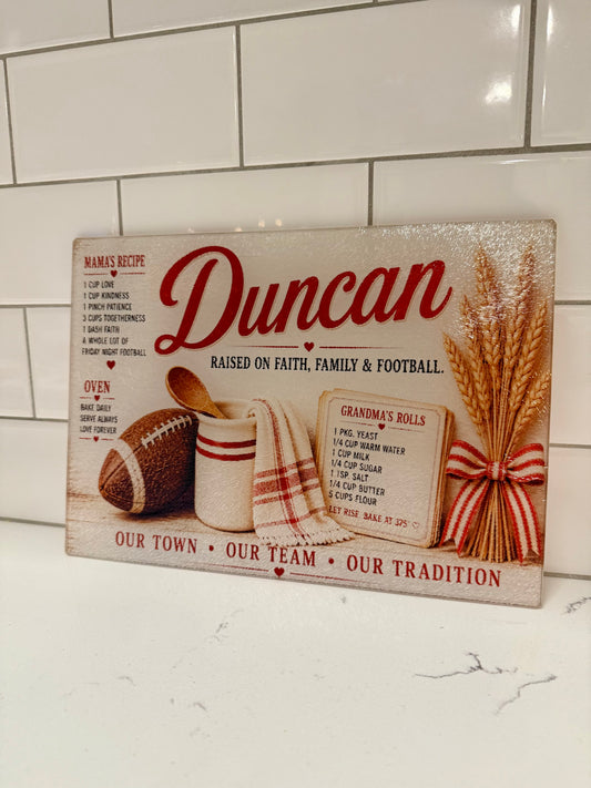Duncan "Raised on Faith" Glass Cutting Board